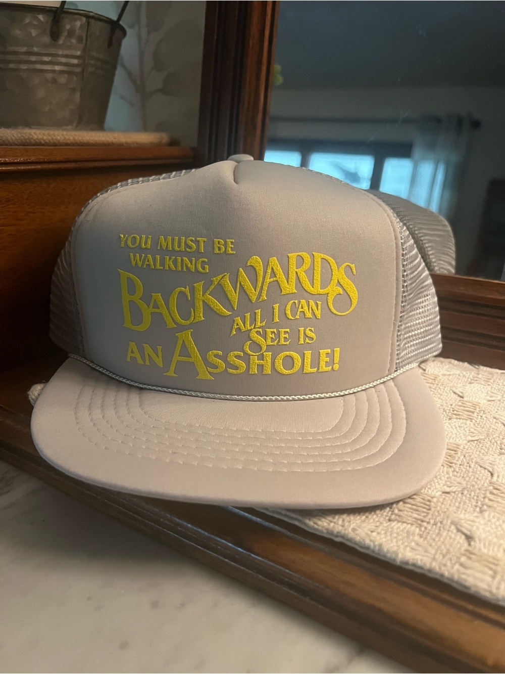 NO BRAND Vintage You Must Be Walking Backwards Snapback Trucker‎ Hat Grey Yellow
